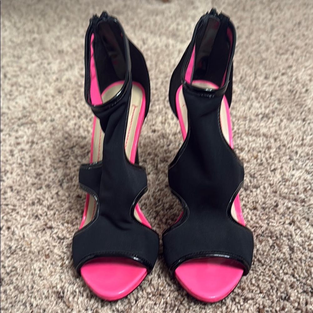 Elegant Black and Pink Stiletto Heels with Ankle Straps